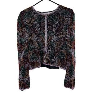 Night Vogue Vintage Silk Fall Leaf Beaded Jacket Cardigan Black Orange Green XL
